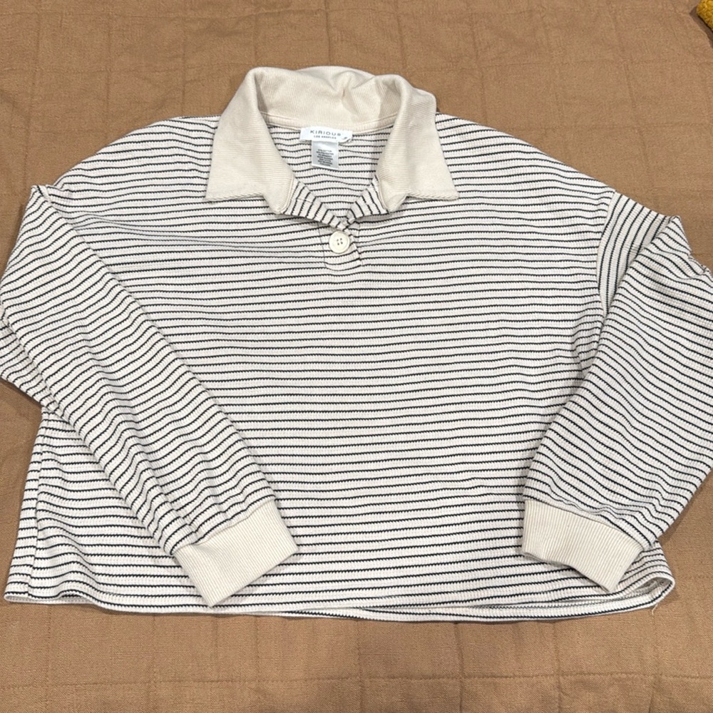 Kirious LA Tan/Cream and Black Stripe Long-Sleeved Collared Crop Pullover size S